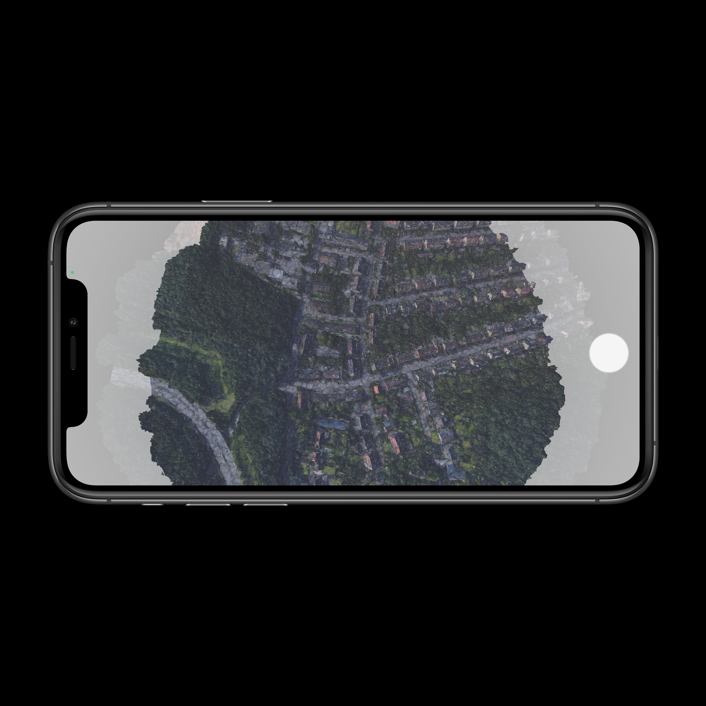 smartphone with circular landscape viewd from the top, disapperaing into fog